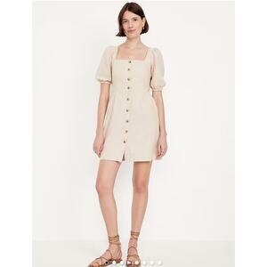 Old Navy Puff-Sleeve Linen-Blend Lagenlook Beach Button Mini Dress Women's Sz XL